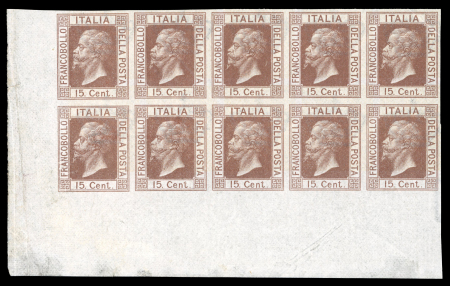 Stamp of Italy » Regno d'Italia Proofs 1864 15c change of colour imperf proof block in brown