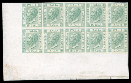 Stamp of Italy » Regno d'Italia Proofs 1864 15c change of colour imperf proof block in green