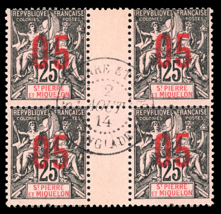 Stamp of Colonies françaises » St. Pierre et Miquelon 1912, type Groupe surchargés 05/25 joli bloc de quatre