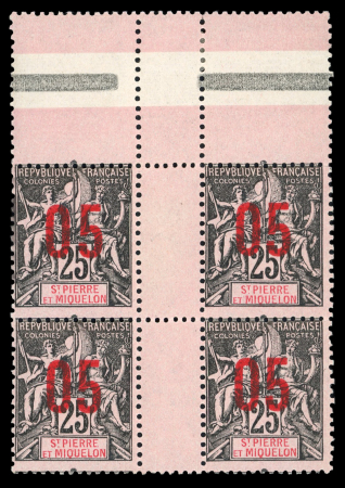 Stamp of Colonies françaises » St. Pierre et Miquelon 1912, type Groupe surchargés 05/25 joli bloc de quatre