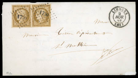 Stamp of France » Type Cérès de 1849-1850 1852, Cérès Y&T n° 1a 10c bistre-brun en paire oblitérée