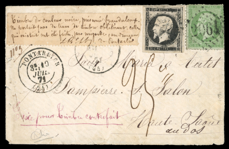 Stamp of France » Empire 1853-1862 1871, Lettre de Pontarlier (Doubs) pour Dampierre-sur-Salon (Haute Saône), frauduleusement affranchie avec un faux pour servir du Napoléon non