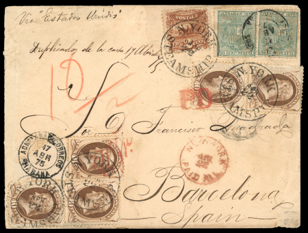 1875 (17 Apr) envelope to Barcelona franked pair 50c. and US stamps, to Barcelona.