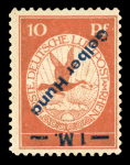 Stamp of Germany » German Empire 1912 Gelber Hund airmail 1M on 10pfg brown-red with inverted blue overprint and variety “Gelber Huna”, mint
