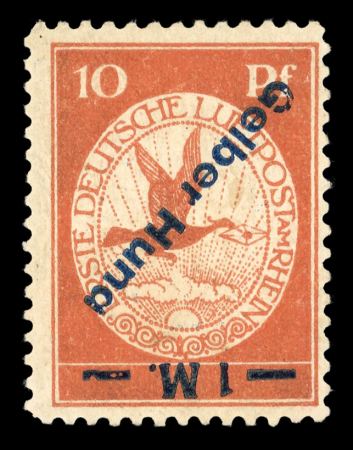 Stamp of Germany » German Empire 1912 Gelber Hund airmail 1M on 10pfg brown-red with inverted blue overprint and variety “Gelber Huna”, mint