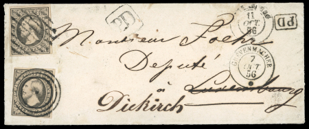 Stamp of Luxembourg luxembourg 1856 (Oct 7) small envelope from Grevenmacher to Luxembourg franked 10c grey-black then forwarded to Diekirch with a further 10c