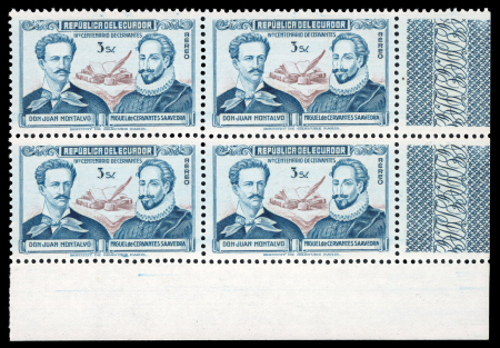 1949 3s Air Mail Miguel Cervantes error of colours, pair of mint block of four.