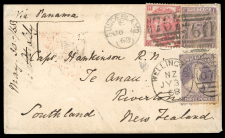 New Zealand, Incoming Mail: 1868 (Jun 1) small envelope mixed franking Great Britain and New Zealand