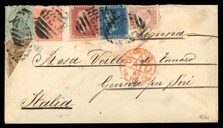 Stamp of Great Britain » British Post Offices Abroad 1875 (Oct 12) envelope from the British P.O. in Callao to Italy, franked with Peru 1866 20c brown bisect in combination with GB franking