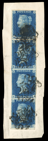 Stamp of Great Britain » 1840 2d Blue (ordered by plate number) 1840 2d Blue, Plate 2, QJ-TJ, vertical strip of four.