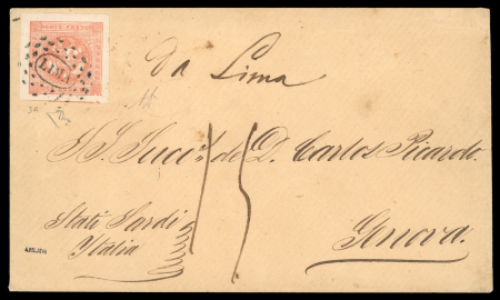 Stamp of Peru 1858 envelope from Lima to Italy with 1858 1p rose,