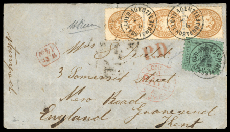 1868 spectacular envelope to Gravesend, England franked at 45 soldi, Kustendje mixed franking.