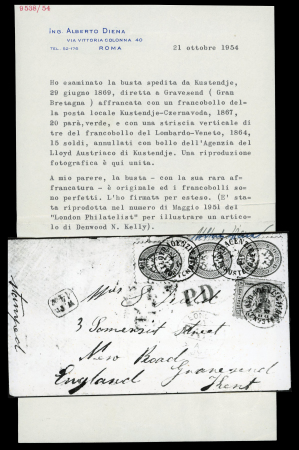1868 spectacular envelope to Gravesend, England franked at 45 soldi, Kustendje mixed franking.