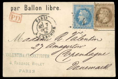 Stamp of Denmark 1870 (Oct 7= "Ballon Montés" postcard sent to Denmark,