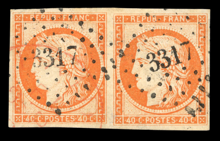 Stamp of France » Type Cérès de 1849-1850 1849 : Cérès 40c orange YT n° 5 très belle paire oblitérée