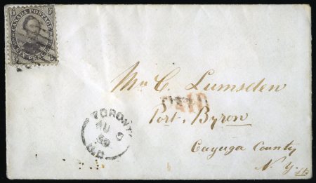 Stamp of Canada » Colony of Canada » Mail to the USA 1858–59 6d Perforated – Toronto to Port Byron6d perforated,