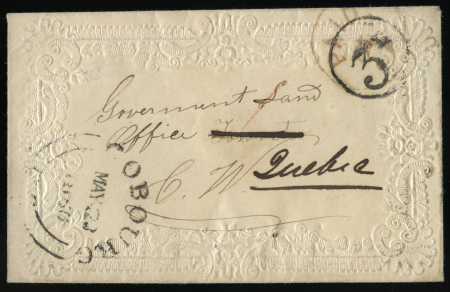 Stamp of Canada » Colony of Canada » Forwarded Letters 1855 Stampless Embossed Ladies Envelope – Cobourg to Quebec via Toronto