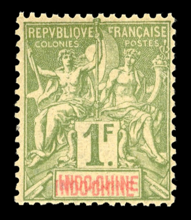 Stamp of Colonies françaises » Indochine 1892, type Groupe 1f olive avec variété double surcharge