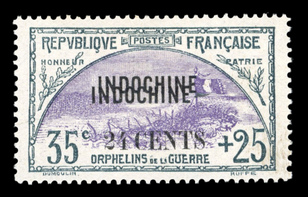 Stamp of Colonies françaises » Indochine 1919, YT n° 92a superbe variété double surcharge Indochine