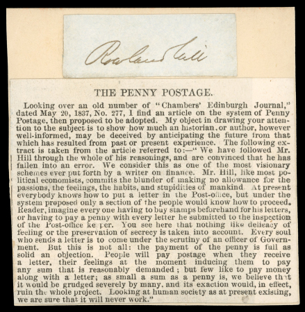 Stamp of Great Britain Rowland Hill signature clipped from a letter and mounted
