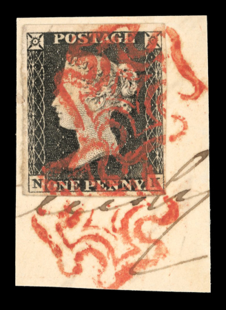 Stamp of Great Britain » 1840 1d Black and 1d Red plates 1a to 11 1840 1d black pl. 1a NK with 4 margins on piece tied