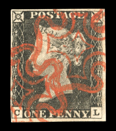 Stamp of Great Britain » 1840 1d Black and 1d Red plates 1a to 11 1840 1d black pl. 1a CL with 4 margins and 2 strikes