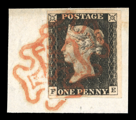 Stamp of Great Britain » 1840 1d Black and 1d Red plates 1a to 11 1840 1d black pl. 3 FE with 4 margins on piece tied