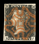 Stamp of Great Britain » 1840 1d Black and 1d Red plates 1a to 11 1840 1d black pl. 6 RJ with 4 margins (close but clear