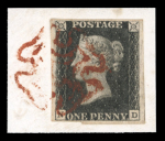 Stamp of Great Britain » 1840 1d Black and 1d Red plates 1a to 11 1840 1d black pl. 8 ND with 4 margins on piece tied