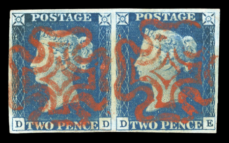 Stamp of Great Britain » 1840 2d Blue (ordered by plate number) 1840 2d blue pl.1 in horizontal pair DD-DE with good