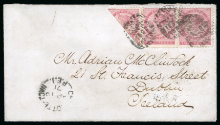 Prince Edward Island, 1863, 2d rose strip of three of which one bisect, cancelled by cork obliterator of Charlottetown AP 19 1871, sent to Dublin, Ireland. Letter carried by Inman Line’sCity of Baltimore, which departed 