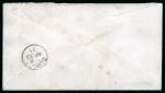 Prince Edward Island, 1863, 2d rose strip of three of which one bisect, cancelled by cork obliterator of Charlottetown AP 19 1871, sent to Dublin, Ireland. Letter carried by Inman Line’sCity of Baltimore, which departed 