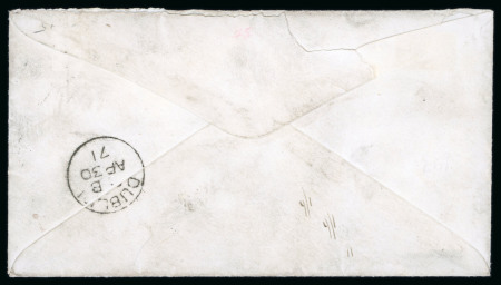 Prince Edward Island, 1863, 2d rose strip of three of which one bisect, cancelled by cork obliterator of Charlottetown AP 19 1871, sent to Dublin, Ireland. Letter carried by Inman Line’sCity of Baltimore, which departed 