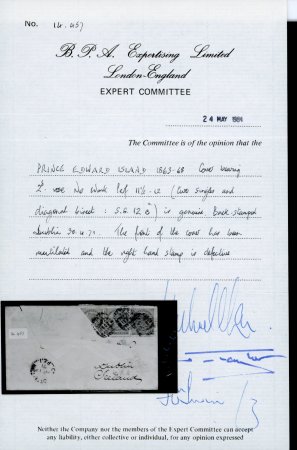 Prince Edward Island, 1863, 2d rose strip of three of which one bisect, cancelled by cork obliterator of Charlottetown AP 19 1871, sent to Dublin, Ireland. Letter carried by Inman Line’sCity of Baltimore, which departed 