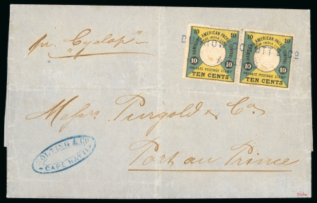 HAPAG 1875, 10c. used in Haiti, very fine horizontal pair on entire letter
