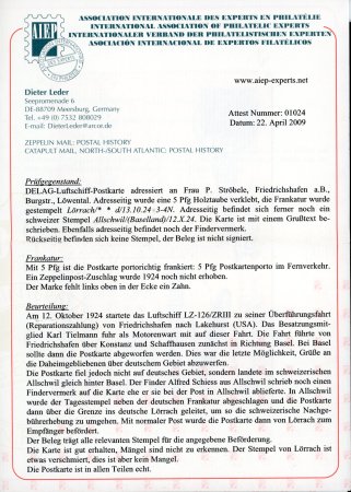 1924, "Amerika-Fahrt des LZ 126" mail dropped over