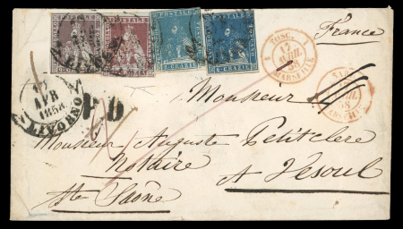 Stamp of Italian States » Tuscany 1858, cover franked with Sassone n° 4, n° 8, n° 13 and n° 15 from Livorno to Vesoul in France