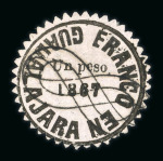 Stamp of Mexico » Guadalajara 1867, Mexico - Guadalajara, Un peso black on rose-lilac serrate perf., used