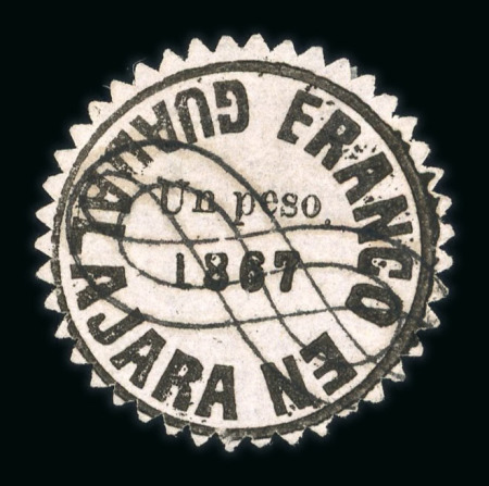 Stamp of Mexico » Guadalajara 1867, Mexico - Guadalajara, Un peso black on rose-lilac serrate perf., used