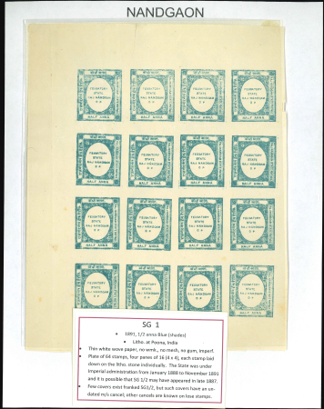 Stamp of Indian States » Nandgaon 1891 1/2a Lithograph Blue part sheet showing a pane