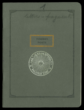 Stamp of Large Lots and Collections Les Jean de Sperati "Philatelie d´Art" template book (15x20 cm) with note "lettres-fragments" which was obviously used to sell his perfect reproductions, showing that he not only reproduced stamps but sometimes put them 