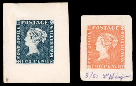 Stamp of Mauritius » 1847 Post Office Issue (SG 1-2) Mauritius Sperati Forgeries: 1847 “Post Office” 2d essays or proofs on cardboard paper in the colours of the issued 1d and 2d