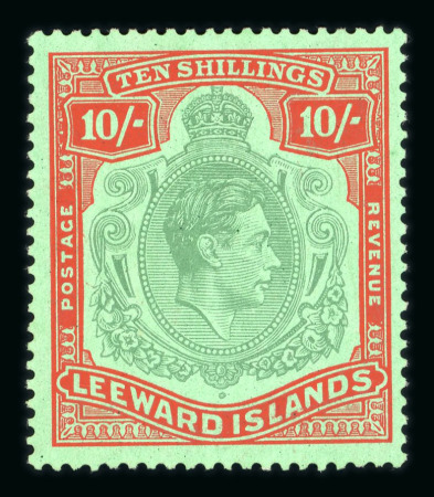 Stamp of Leeward Islands Bermuda 1938-51 10/- pale green and dull red on green mint, fine and very lightly mounted, with (early stage) of the 'broken lower right scroll'