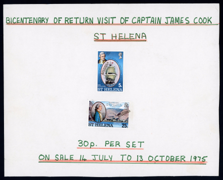 Stamp of St. Helena 1975 Captain Cook 5p and 25p optd SPECIMEN and affixed