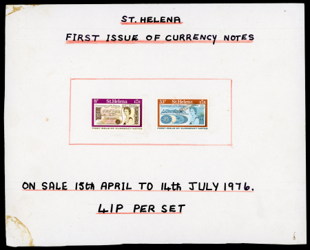 Stamp of St. Helena 1976 Currency Note 8p and 33p optd SPECIMEN and affixed