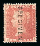 Stamp of Great Britain » 1854-70 Perforated Line Engraved 1854-57 Large Crown p.14 1d red-brown pl.35 on blued paper with "SPECIMEN" type 2 overprint vertically (3 examples)