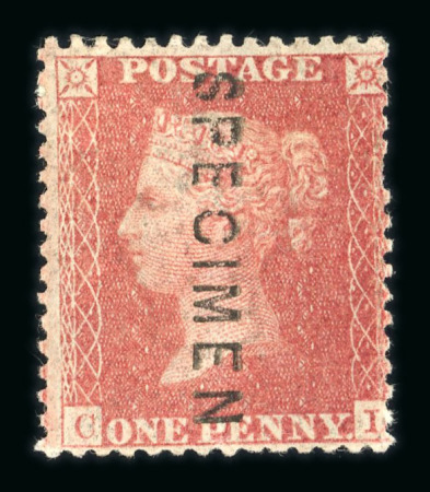 Stamp of Great Britain » 1854-70 Perforated Line Engraved 1854-57 Large Crown p.14 1d red-brown pl.35 on blued paper with "SPECIMEN" type 2 overprint vertically (3 examples)