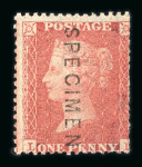 Stamp of Great Britain » 1854-70 Perforated Line Engraved 1854-57 Large Crown p.14 1d red-brown pl.35 on blued paper with "SPECIMEN" type 2 overprint vertically (3 examples)