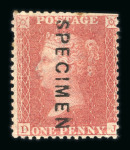 Stamp of Great Britain » 1854-70 Perforated Line Engraved 1854-57 Large Crown p.14 1d red-brown pl.35 on blued paper with "SPECIMEN" type 2 overprint vertically (3 examples)
