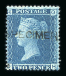 Stamp of Great Britain » 1854-70 Perforated Line Engraved GB 1858-76 2d blue with "SPECIMEN" type 8 overprint on pl.9, no gum, unlisted by S.G., and pl.14 mint o.g.